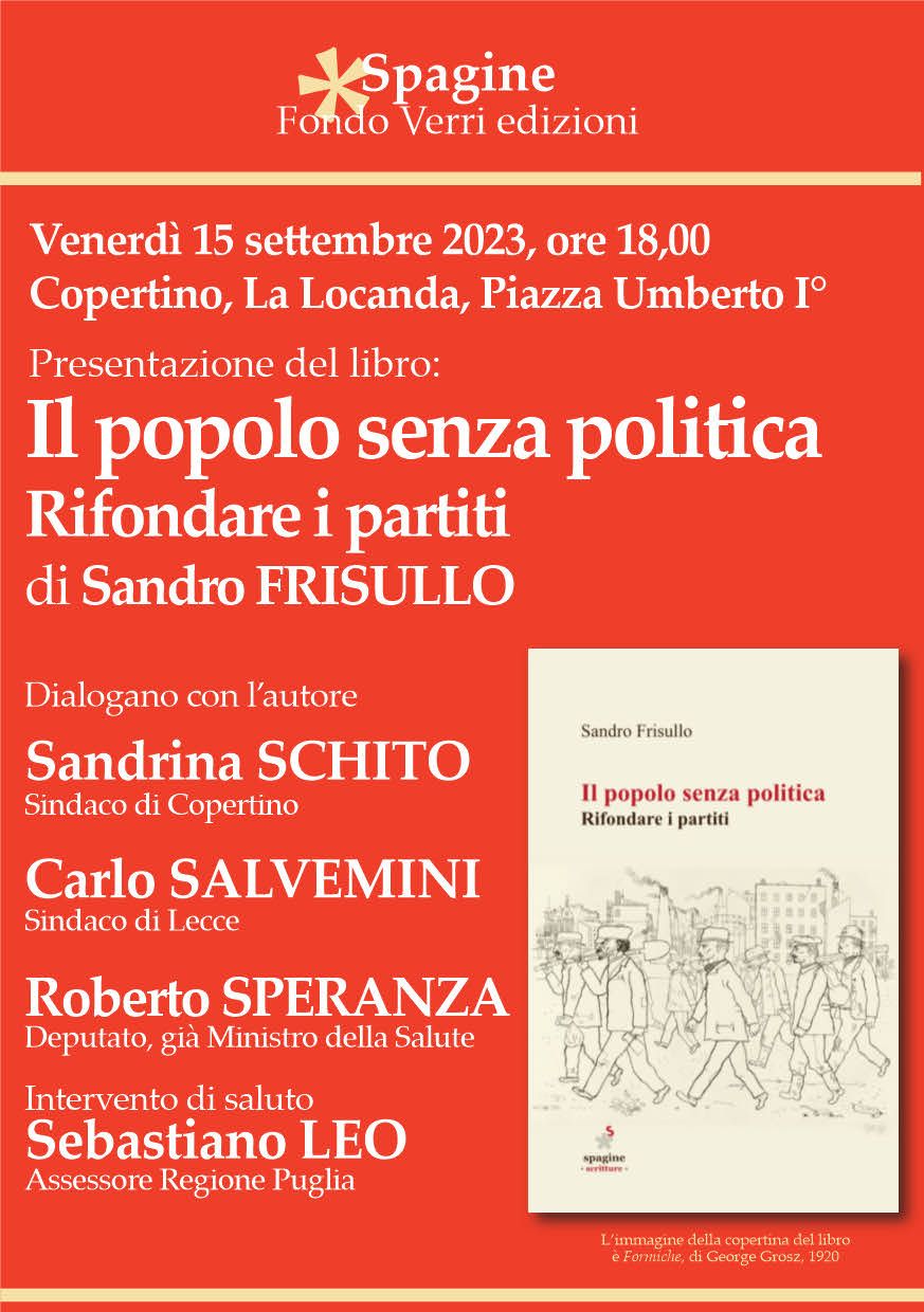 Frisullo con Speranza ed altri domani a Copertino per parlare della crisi della politica.