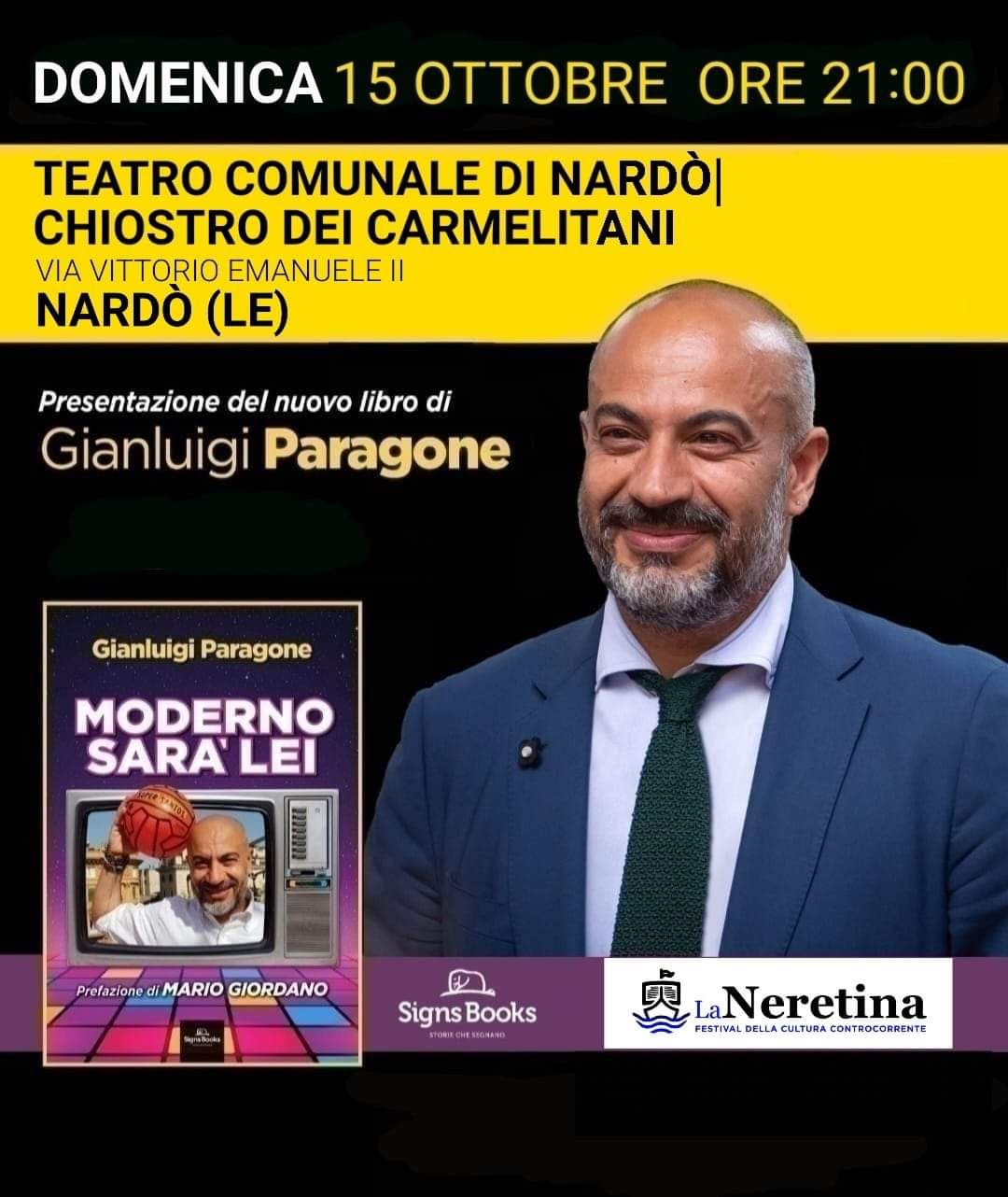 Il nuovo libro di Paragone, “Moderno sarà lei”, a Nardò il 15 ottobre.