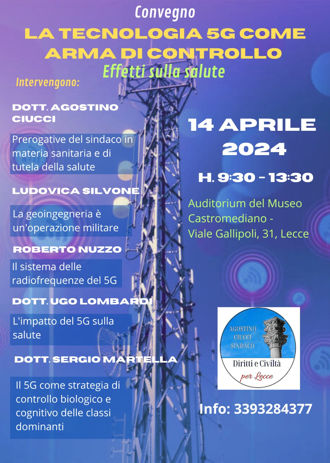 “La tecnologia 5G come arma di controllo – Effetti sulla salute”, seminario a Lecce al Museo Castromediano il 14 aprile.